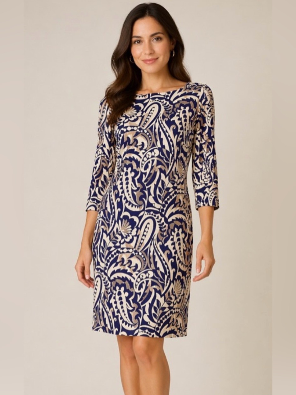 J Mclaughlin Dress, Navy And Tan Paisley, Imogen Sheath, Size M